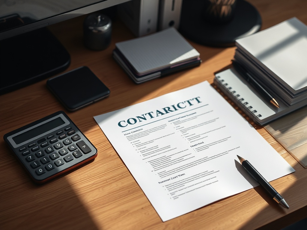 organized desk with printed contract, calculator, and notebook under soft shadow lighting