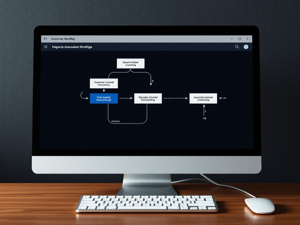 automation workflow diagram on computer screen showing onboarding steps connected in sequence, dark theme