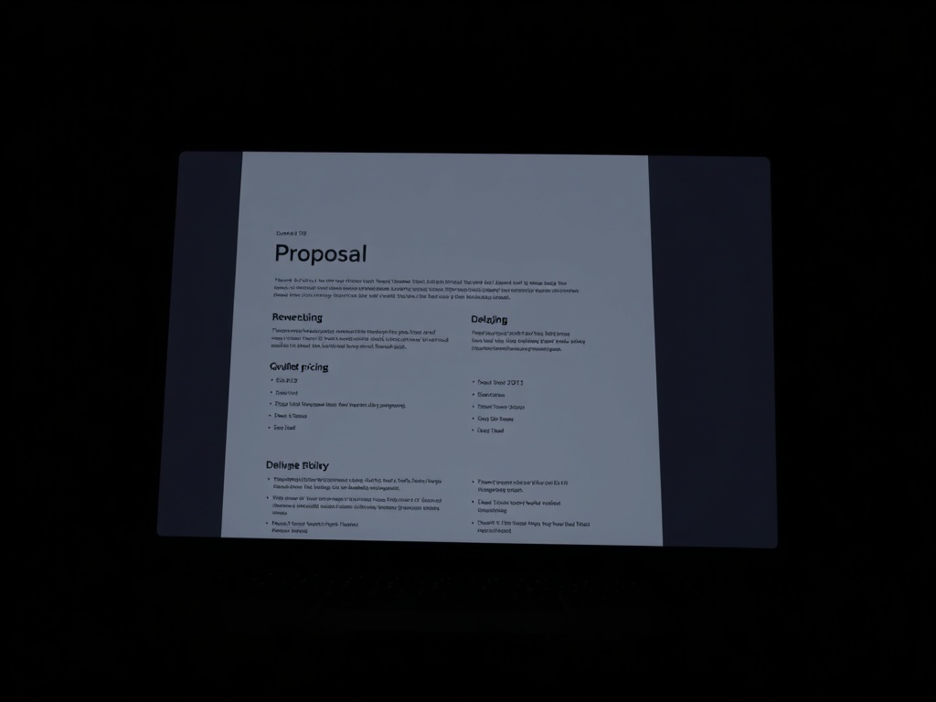clean proposal document on laptop screen in dark mode with structured pricing and deliverables
