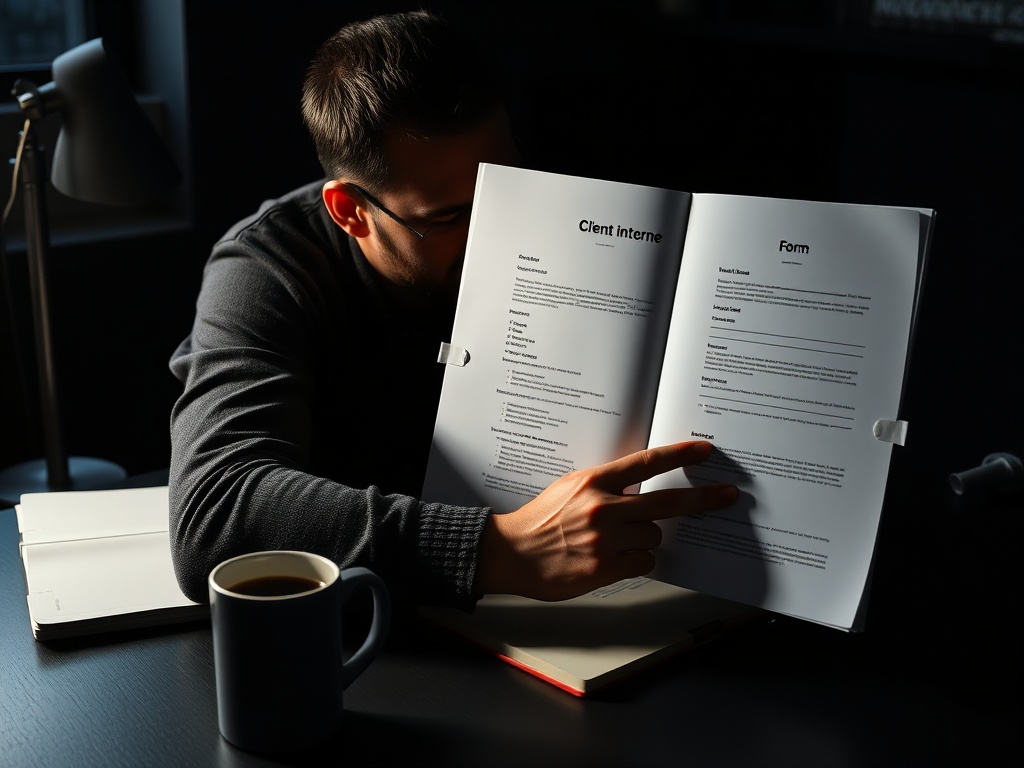 focused freelancer reviewing client intake form on a dark desk with notebook and coffee, moody lighting