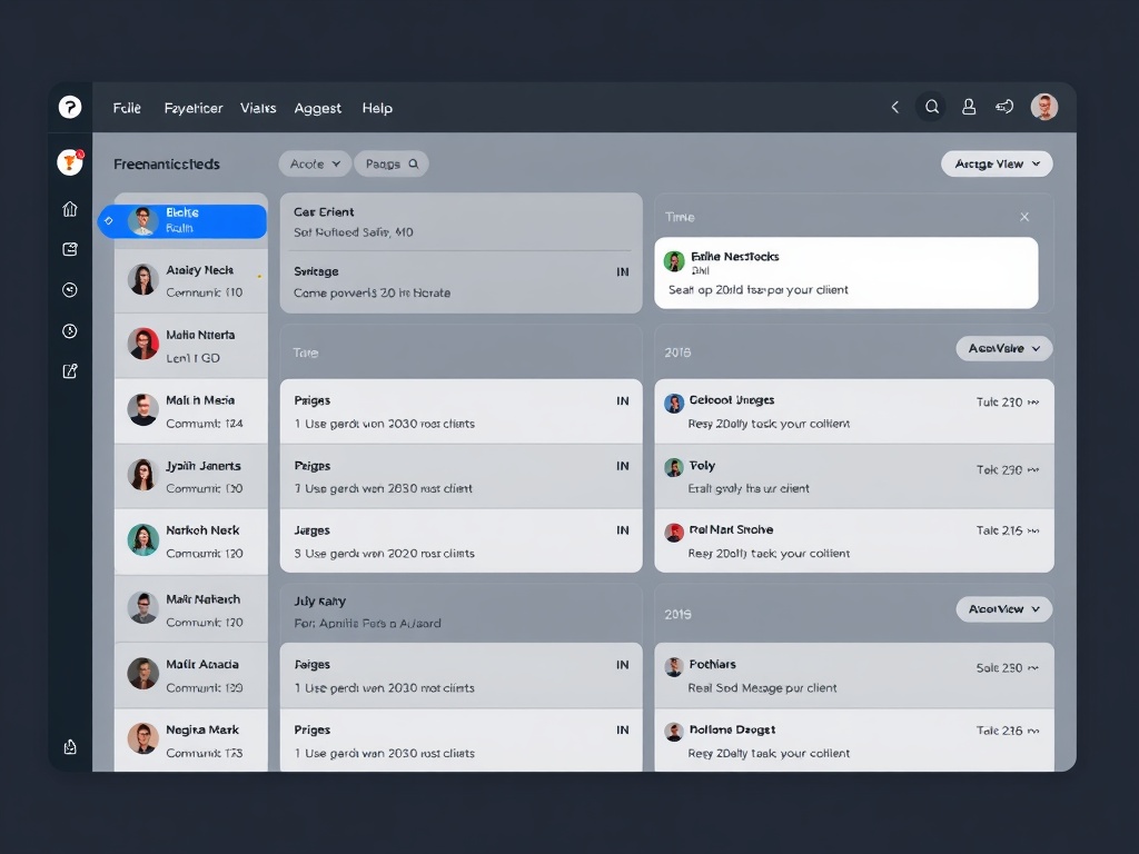 freelancer managing client communication dashboard with organized messages and timelines, dark mode