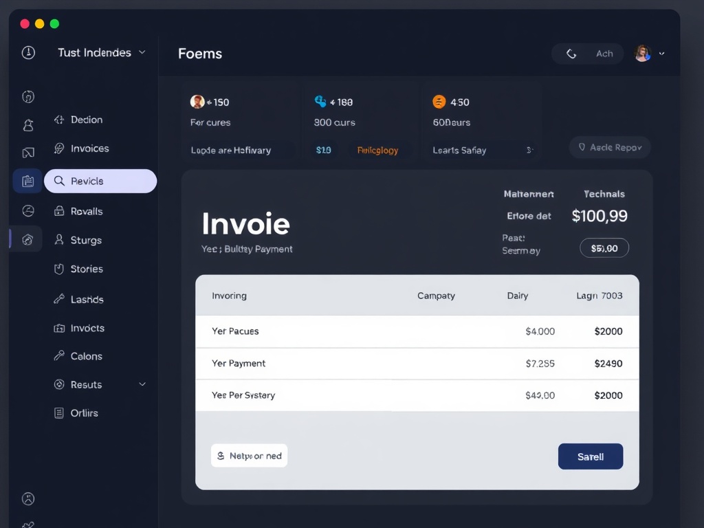 invoice payment screen with partial payment highlighted, dark interface with financial dashboard