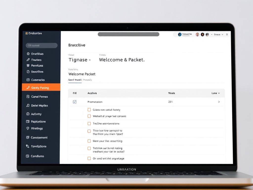 organized onboarding welcome packet displayed on laptop with checklist and timeline in dark UI