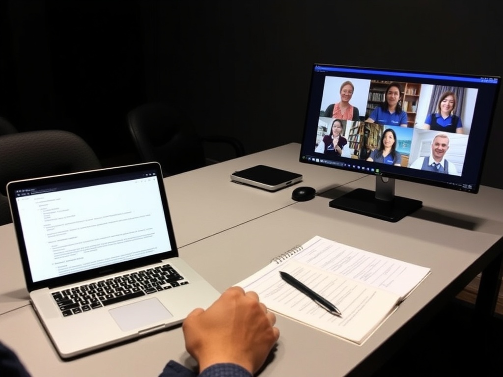 professional remote meeting setup with laptop, notes, and structured agenda on screen in dark office