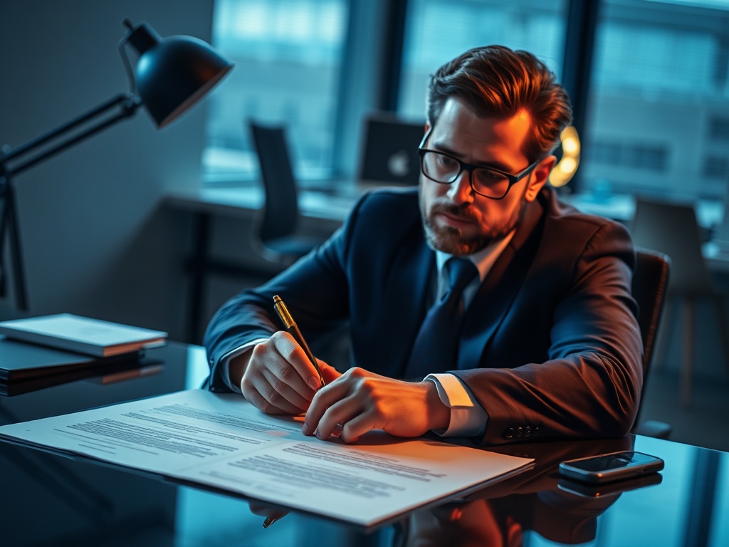 signed freelance contract on desk with pen and dark lighting, serious professional mood