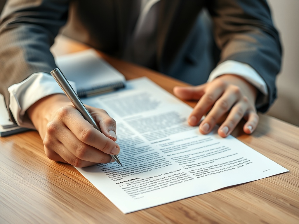 A freelancer signing a professional contract on a desk