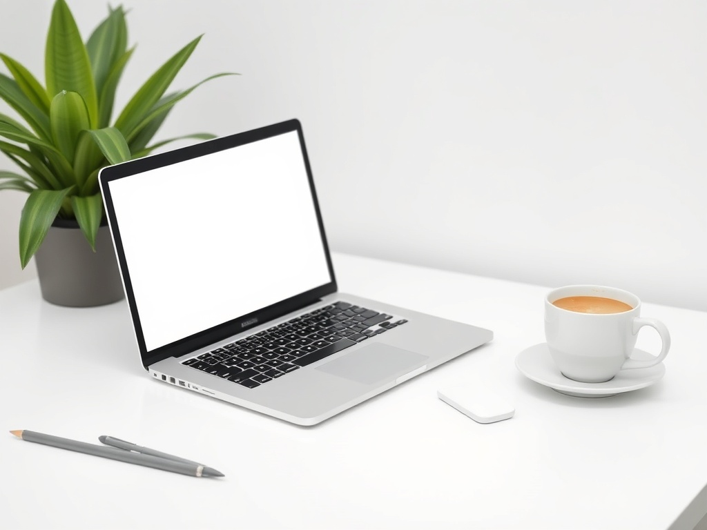 a clean, professional workspace with a laptop and coffee