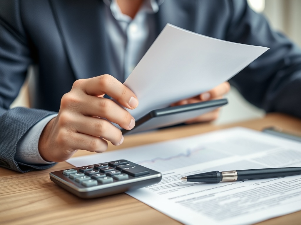A person reviewing a calculator and contract, contemplating rate setting