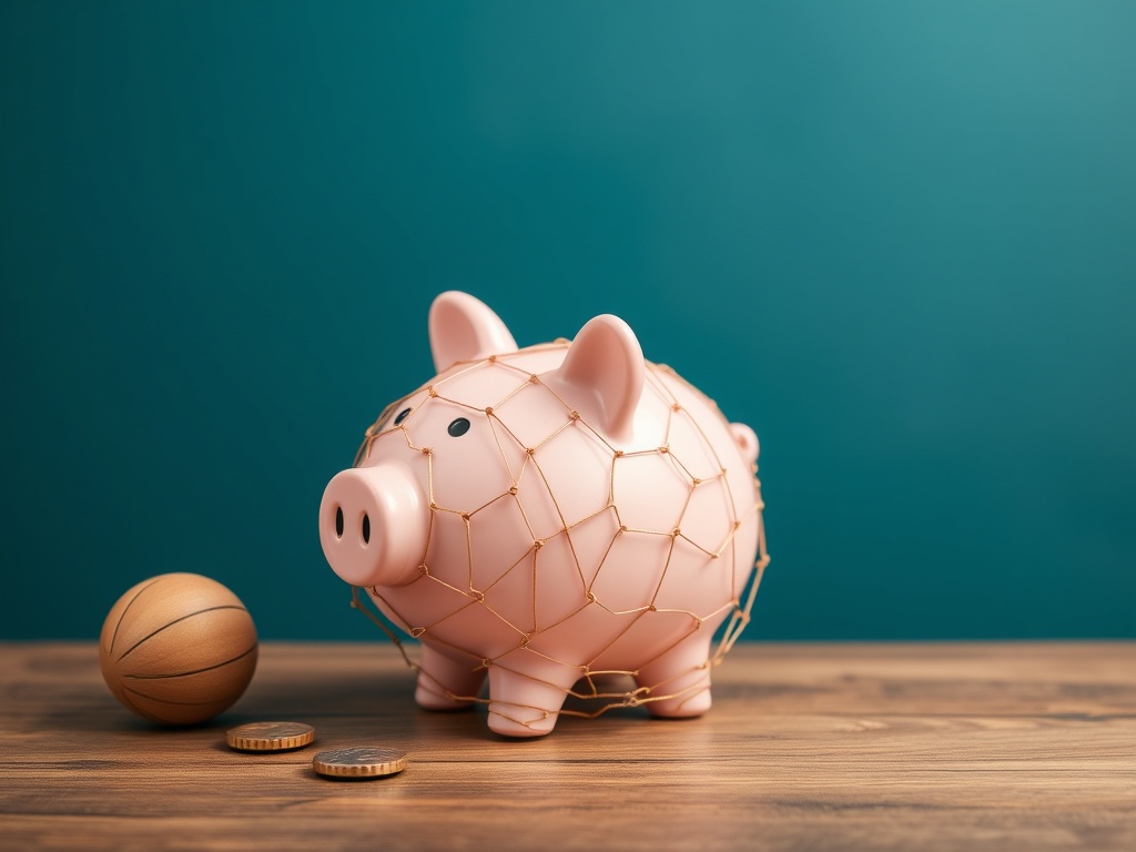 A piggy bank with a safety net graphic