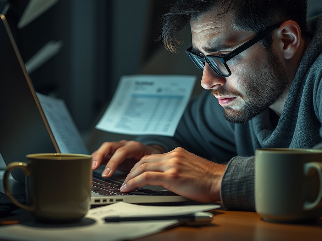Close-up of a stressed freelancer at 3 AM looking at overdue invoices on a laptop, with empty coffee cups around