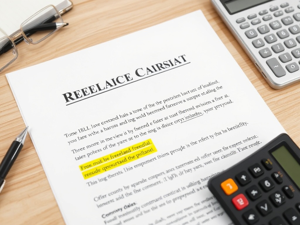 Freelance contract on a desk with a highlighted late fee clause and a calculator nearby