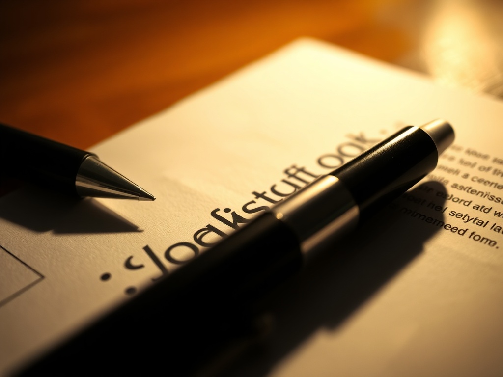 close-up of signed contract document, pen, strong lighting, serious business tone