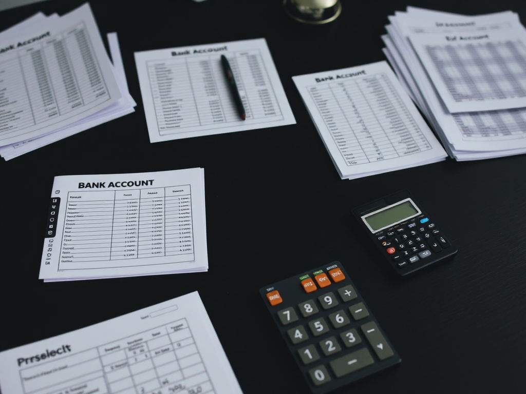 dark desk with multiple labeled bank accounts, spreadsheets open, calculator, minimal lighting, focused workspace