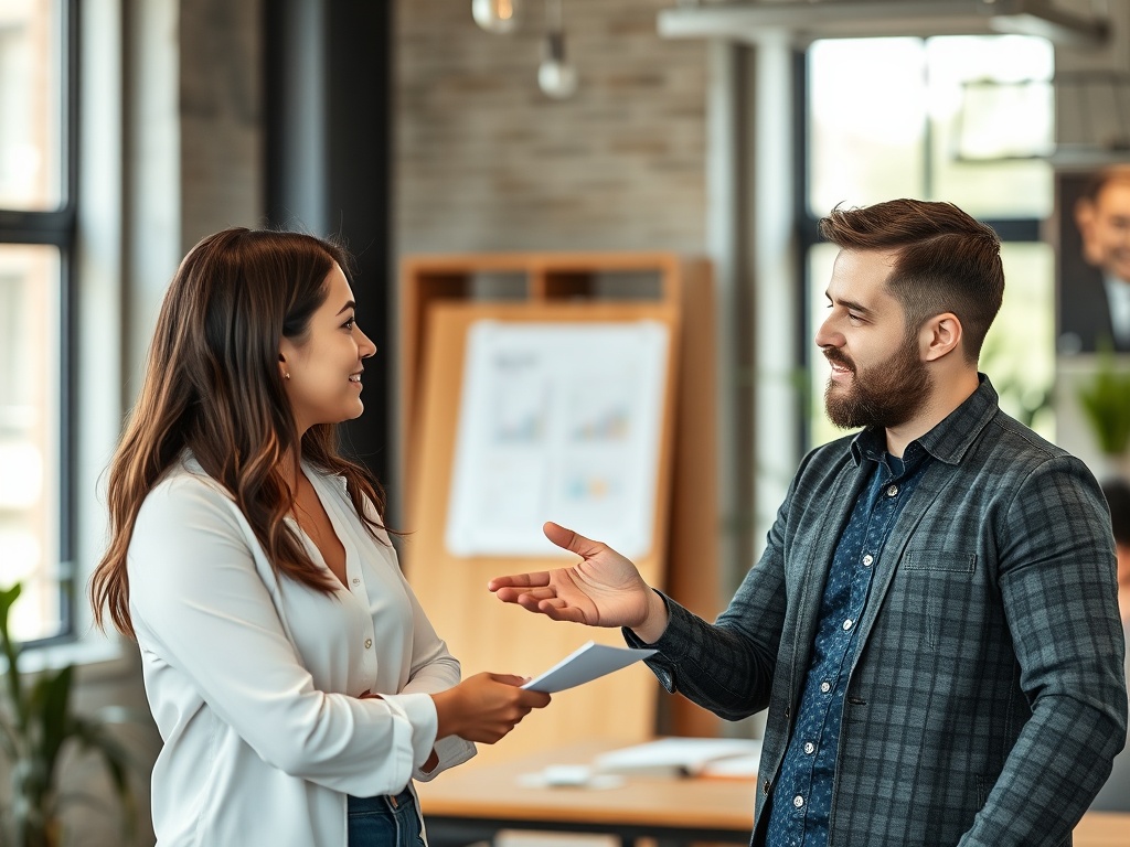 freelancer confidently discussing pricing with client, professional setting, strong posture
