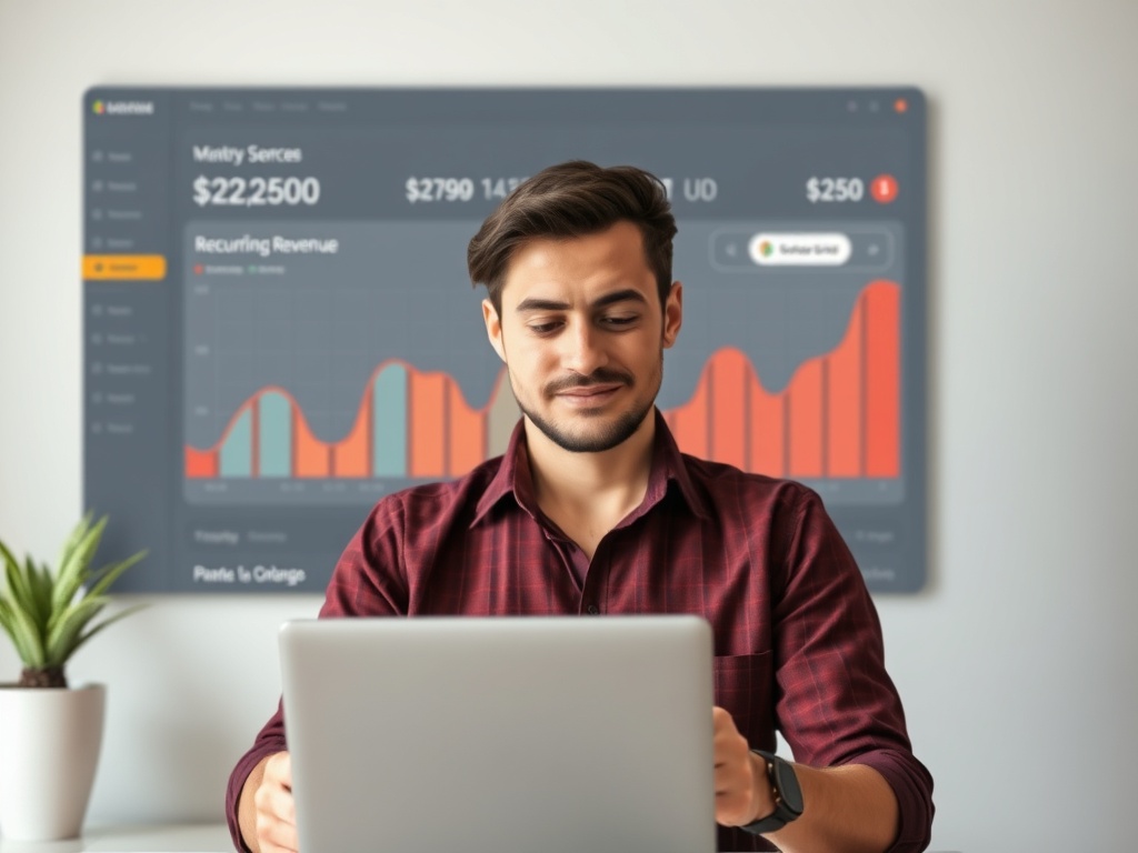 freelancer reviewing recurring revenue dashboard, stable graph, calm confident posture