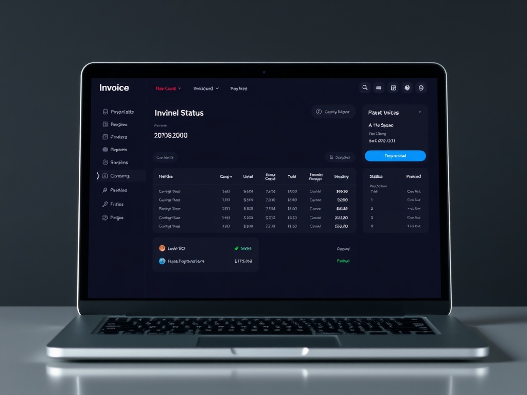 invoice dashboard on laptop screen, clean interface, dark mode, payment status visible