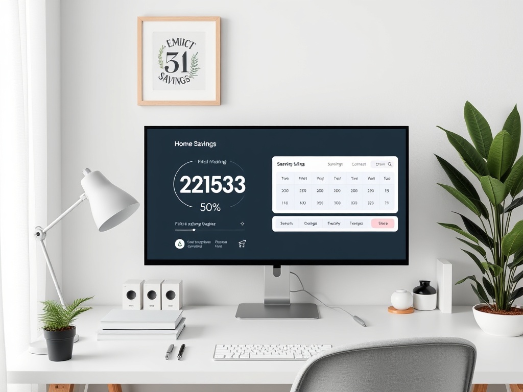 minimalist home office with emergency savings tracker on screen, calm organized environment