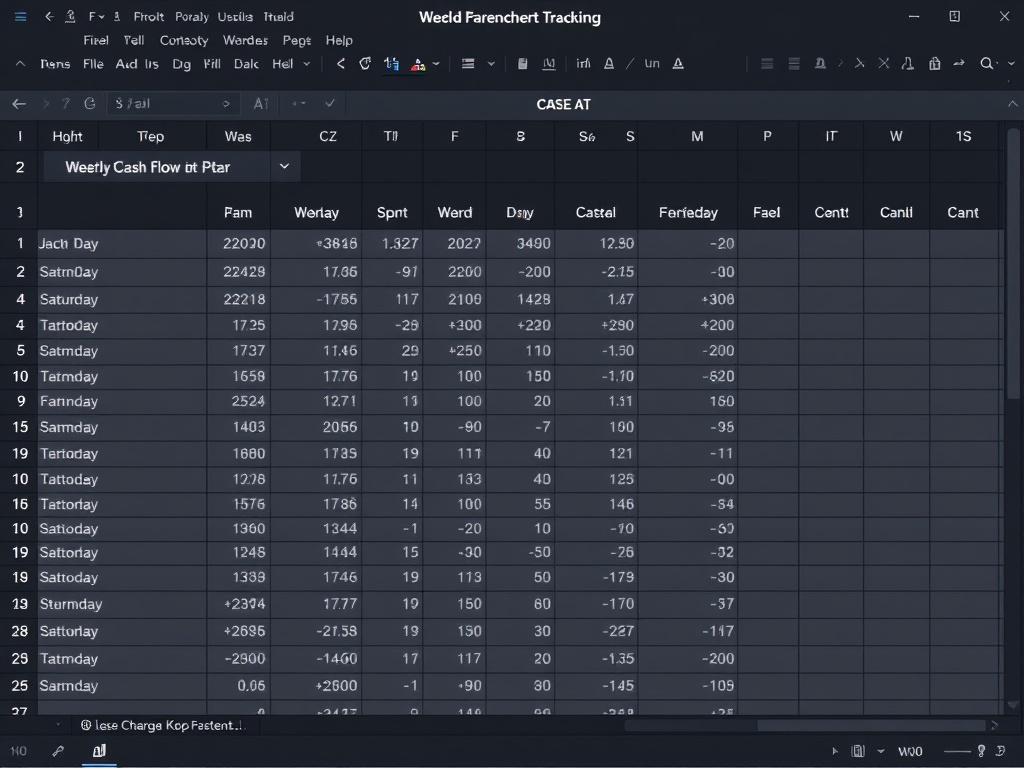 spreadsheet showing weekly cash flow tracking, dark mode interface, clean numbers and charts