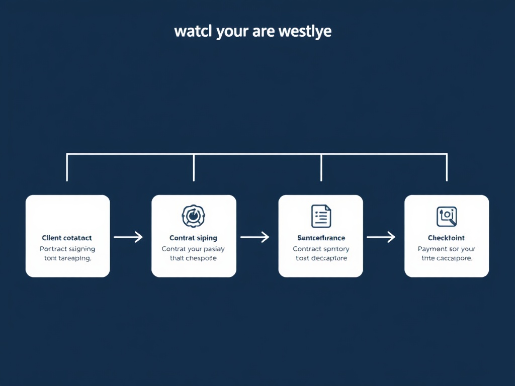 workflow diagram showing client onboarding steps, contract signing, payment checkpoints