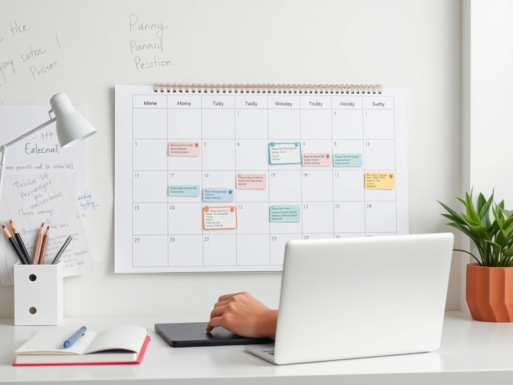 calendar with consistent workflow planning, freelancer scheduling projects evenly, organized desk with planner and laptop