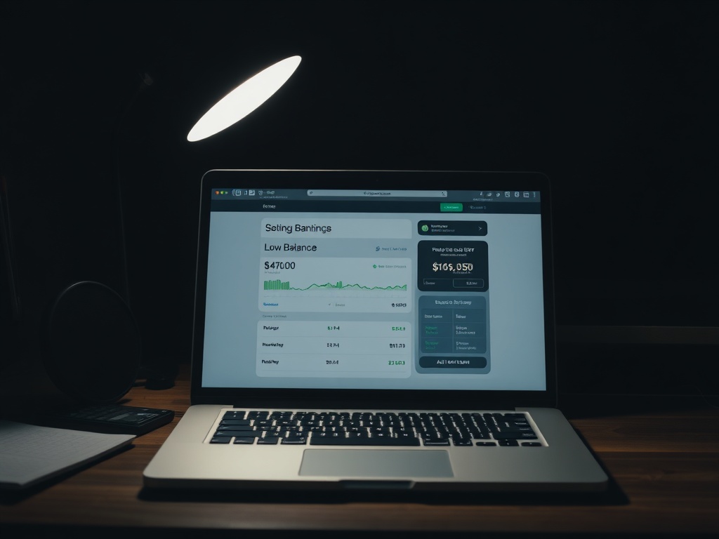 dark desk with laptop showing banking app low balance, late night workspace, dramatic lighting, focused atmosphere