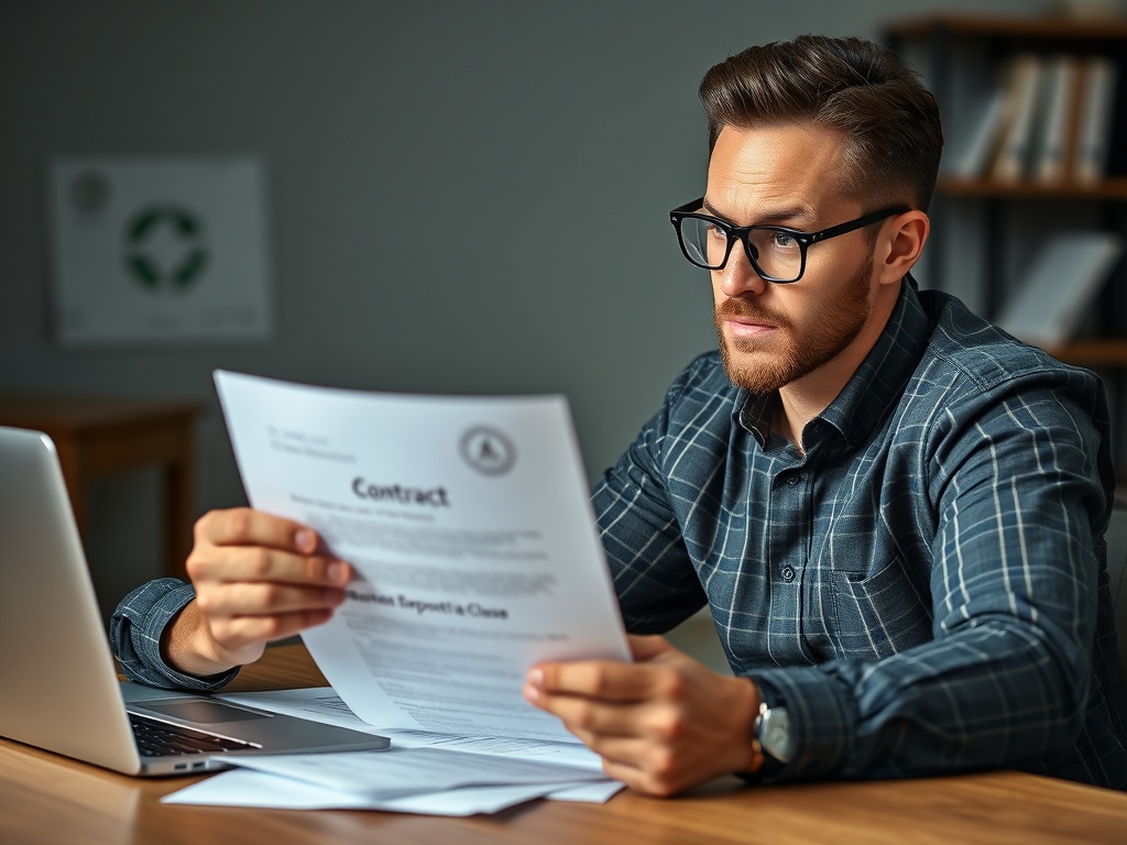 freelancer reviewing contract with deposit clause, serious focused expression, professional workspace, paperwork and laptop