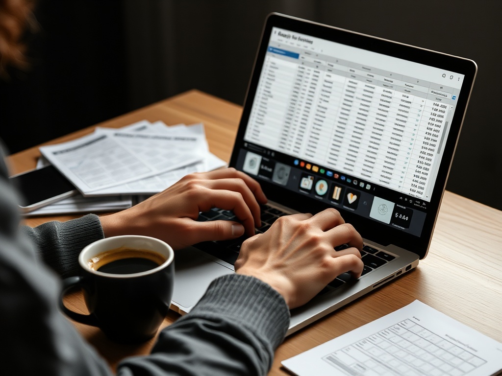 freelancer reviewing finances on laptop with coffee, dark mode spreadsheet, focused weekly review ritual