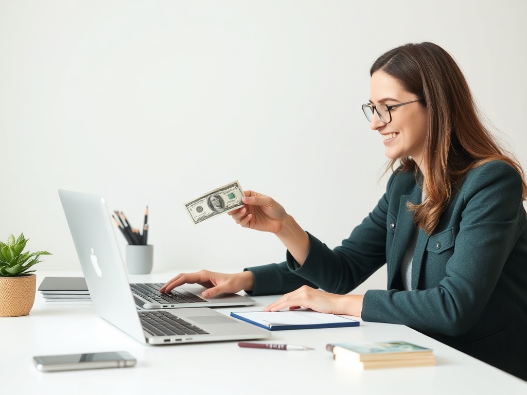 freelancer transferring money to personal account, calm confident workspace, organized finances concept