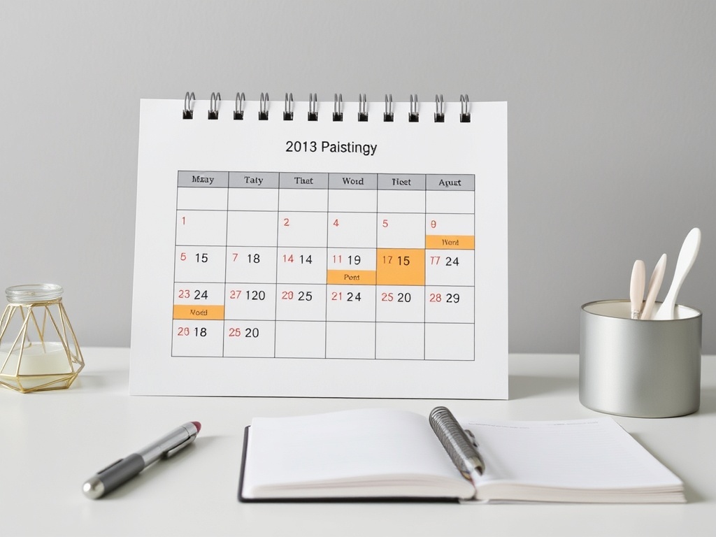 calendar with marked payment milestones, financial planning notebook, minimalist workspace