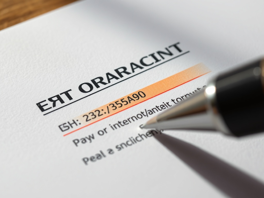 close-up of signed contract with highlighted payment terms, pen on paper, dramatic shadows