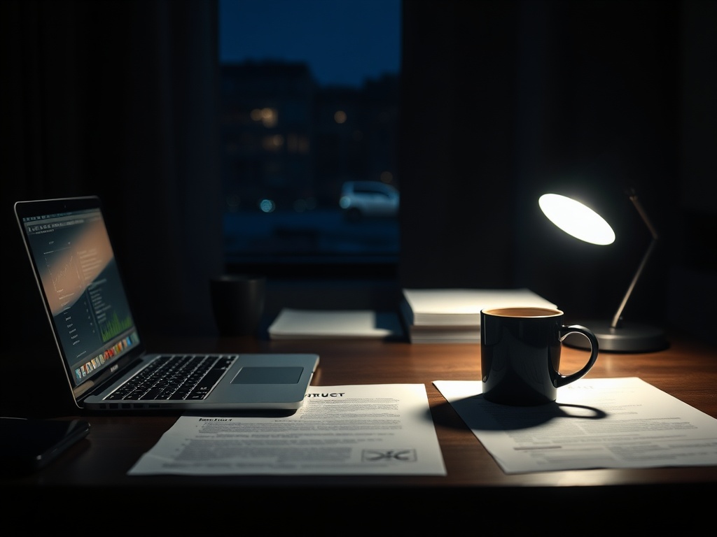 dark home office desk with contract papers, laptop glowing at night, coffee cup, moody lighting