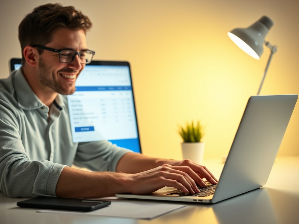 freelancer confidently sending invoice email, laptop screen glow, clean desk