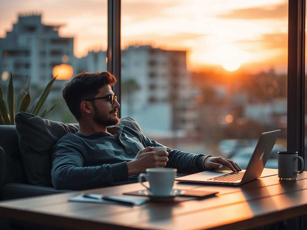 freelancer relaxing with coffee after work, calm evening lighting, sense of control