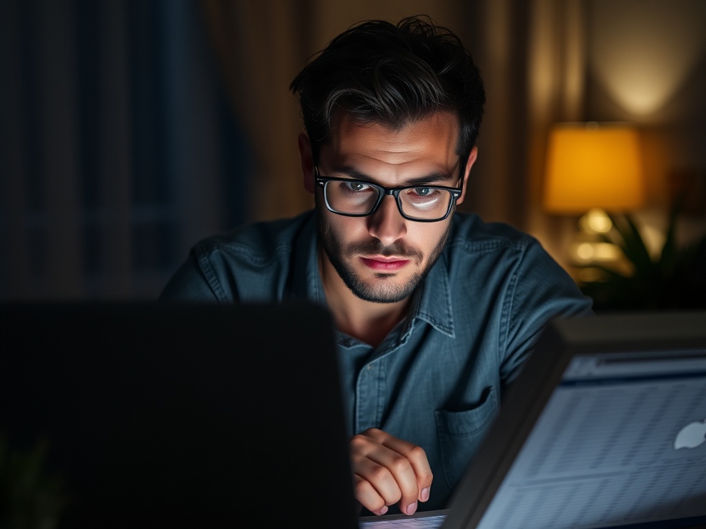 freelancer reviewing finances on laptop spreadsheet late at night, serious focused expression