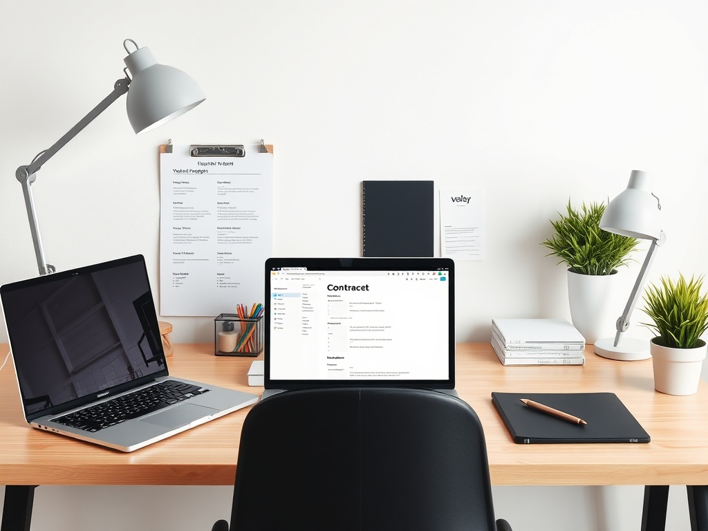 organized freelancer workspace with checklist, contract, laptop, clean minimal design