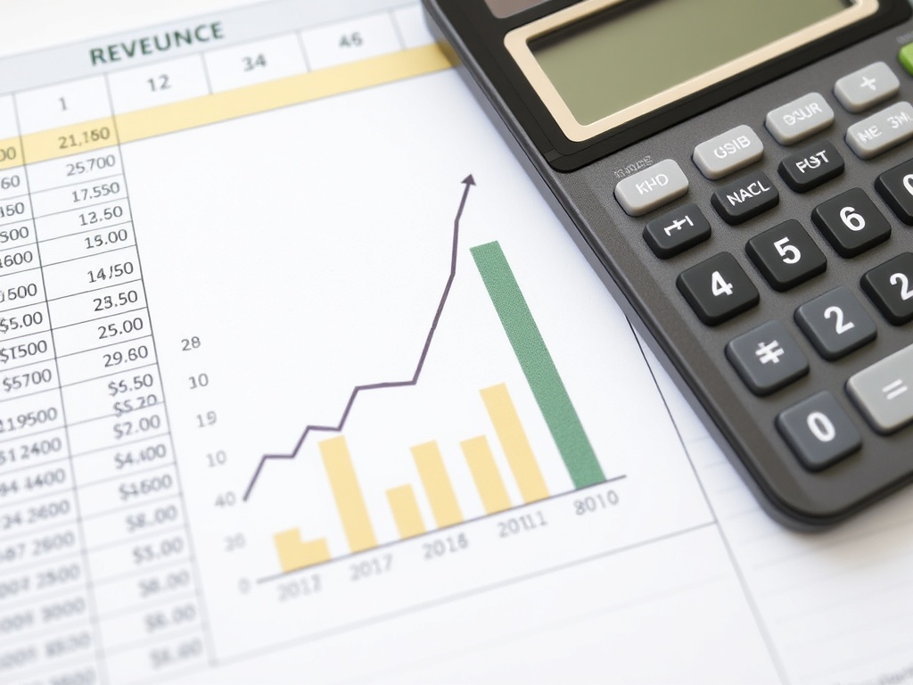 A calculator and spreadsheet with financial graphs showing increasing rates and revenue.