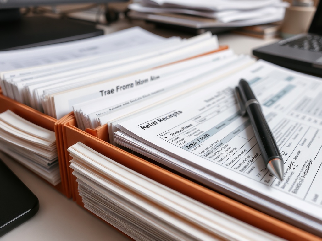 A close-up of a freelance desk with tax documents and receipts organized in folders.