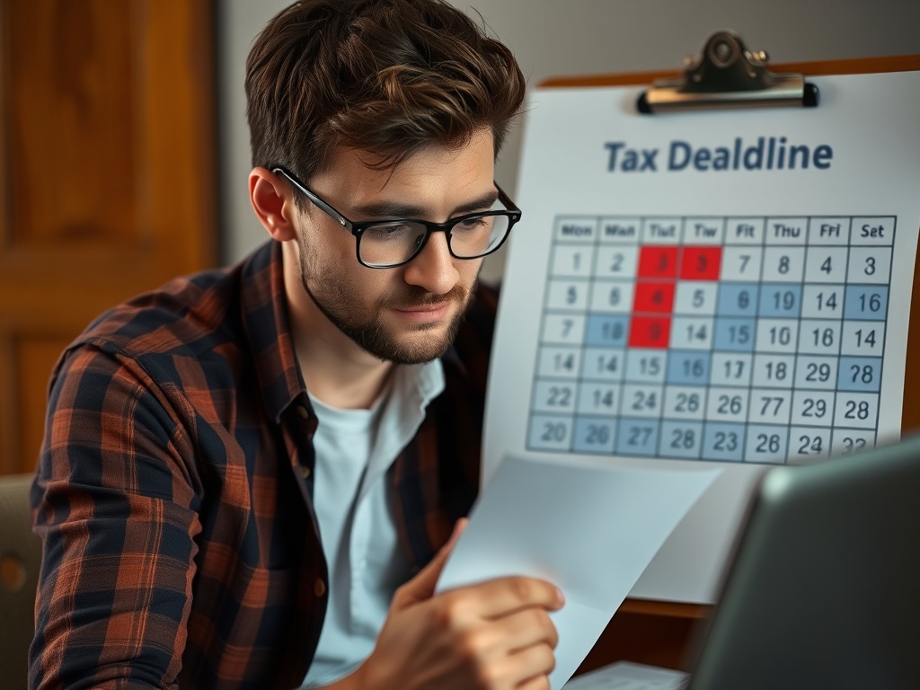 A freelancer looking at a tax deadline calendar with a stressed expression.