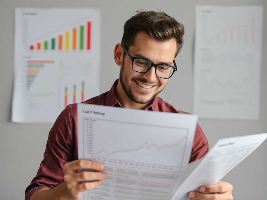 A freelancer reviewing their cash flow chart with a confident expression.