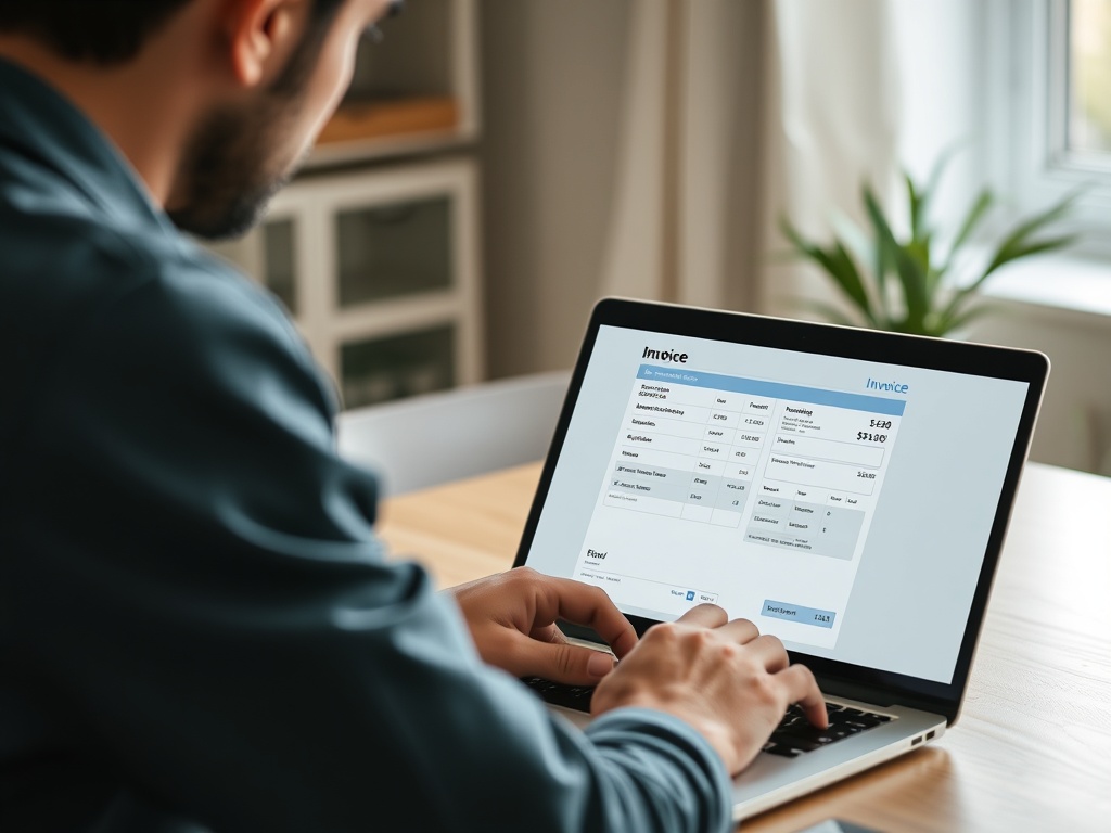A freelancer sending an automated invoice on a laptop.