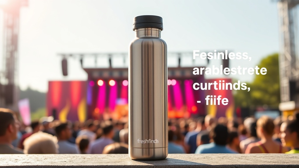 Sleek stainless steel reusable water bottle against a vibrant spring festival backdrop