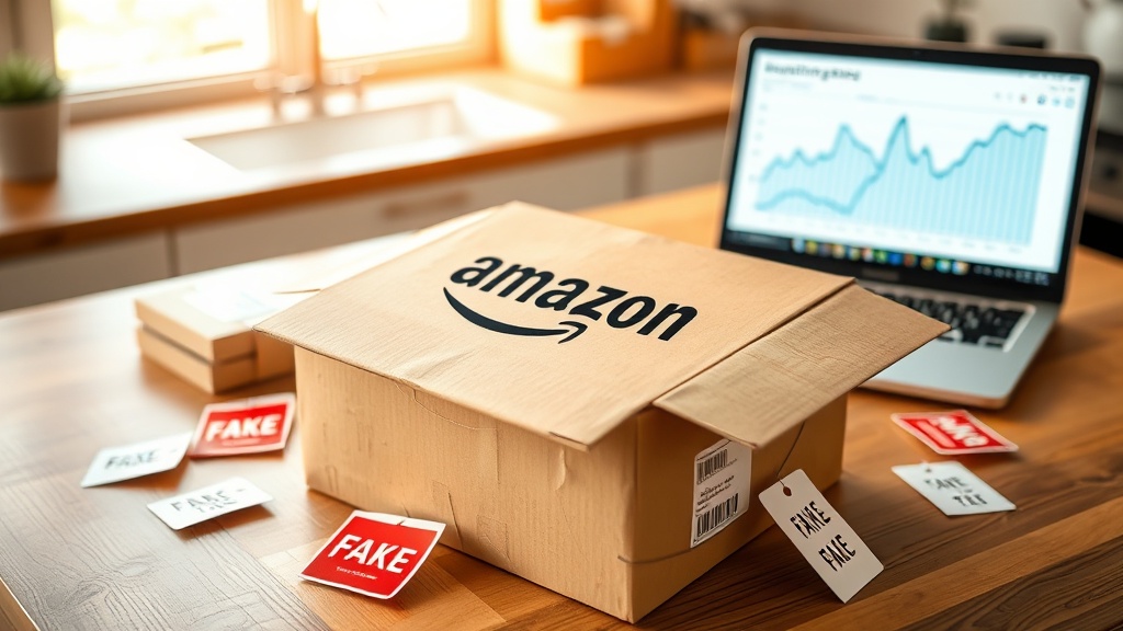 Amazon shipping box surrounded by crossed-out price tags and a laptop showing a flat price history graph