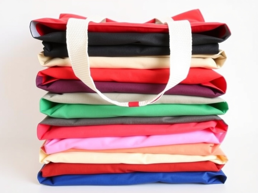 10 reusable grocery tote bags stacked neatly, assorted colors