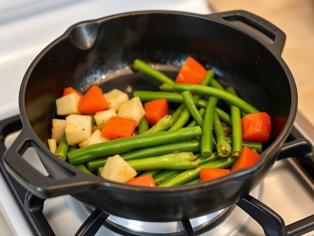 cast iron skillet on stove with sizzling vegetables inside