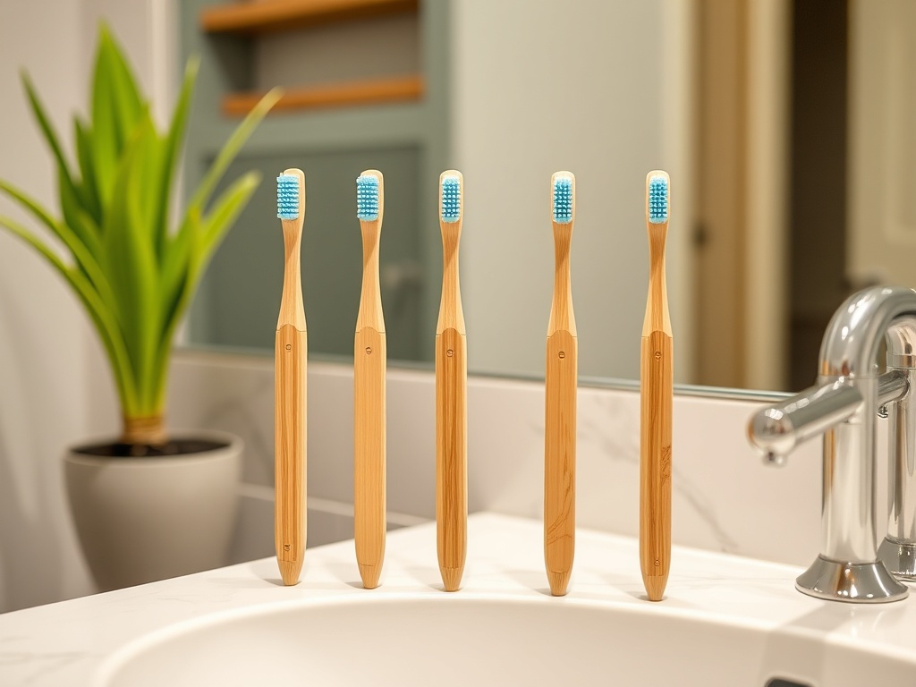 five bamboo toothbrushes neatly arranged on bathroom counter