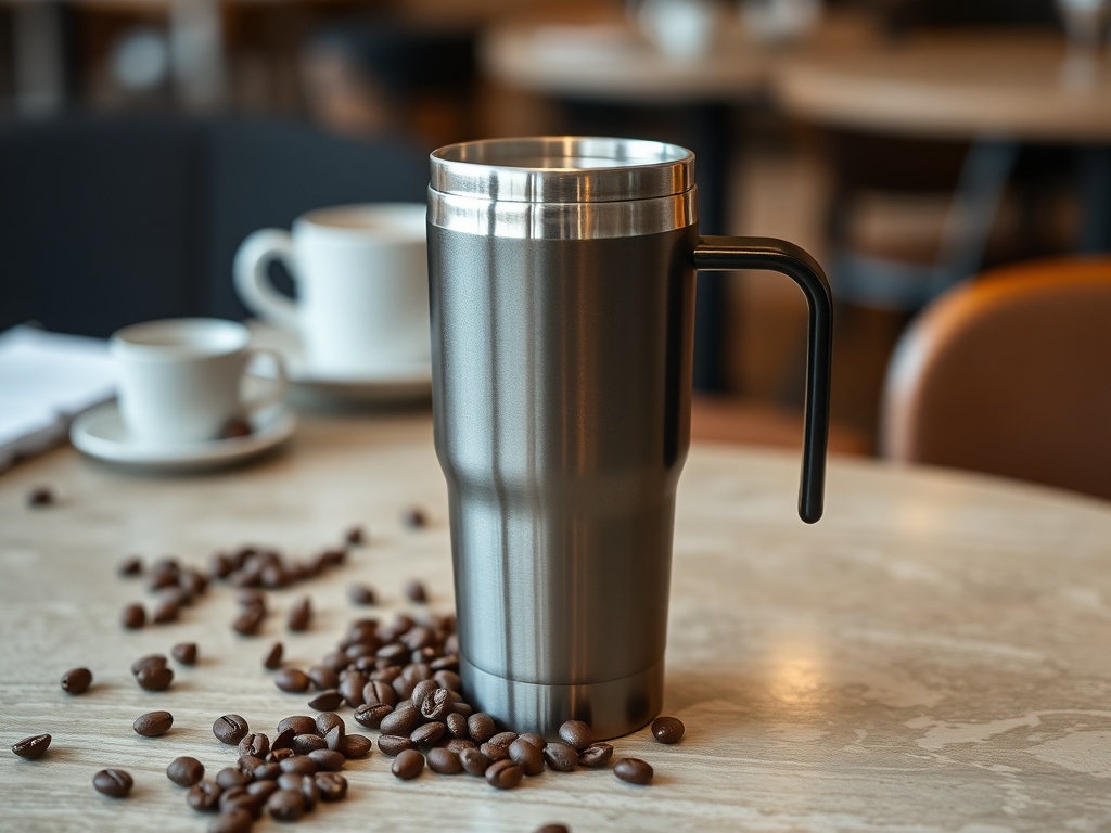 matte stainless steel travel mug on cafe table with coffee beans scattered