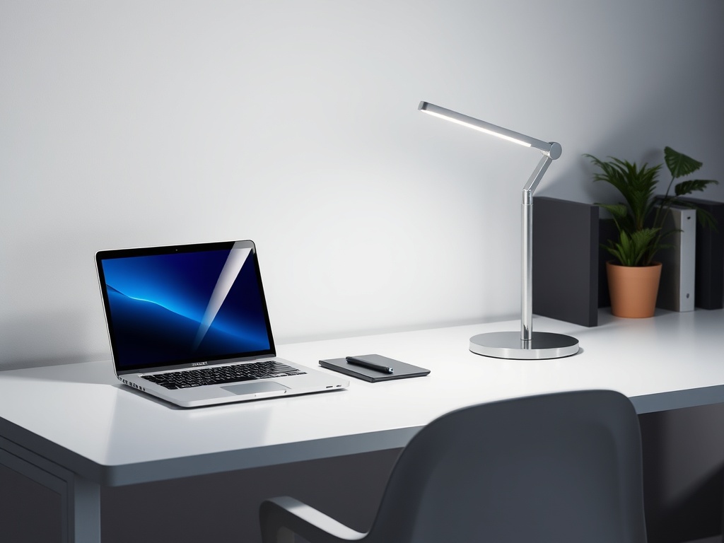 modern LED desk lamp on white office desk with laptop and notebook