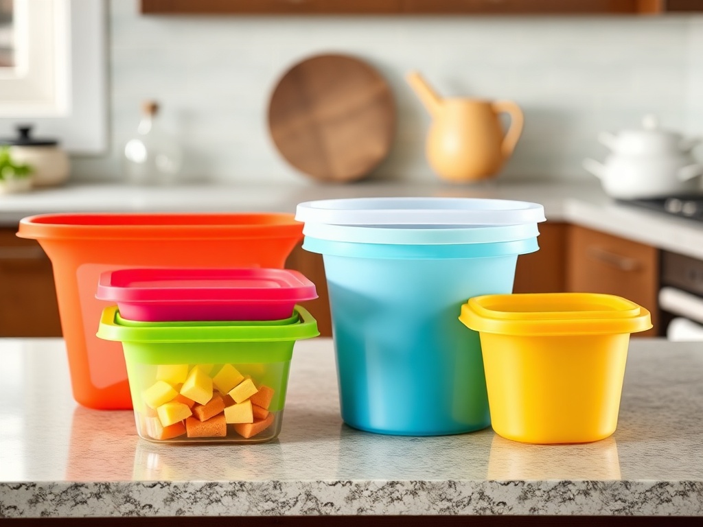 set of colorful silicone storage bags neatly arranged on kitchen counter