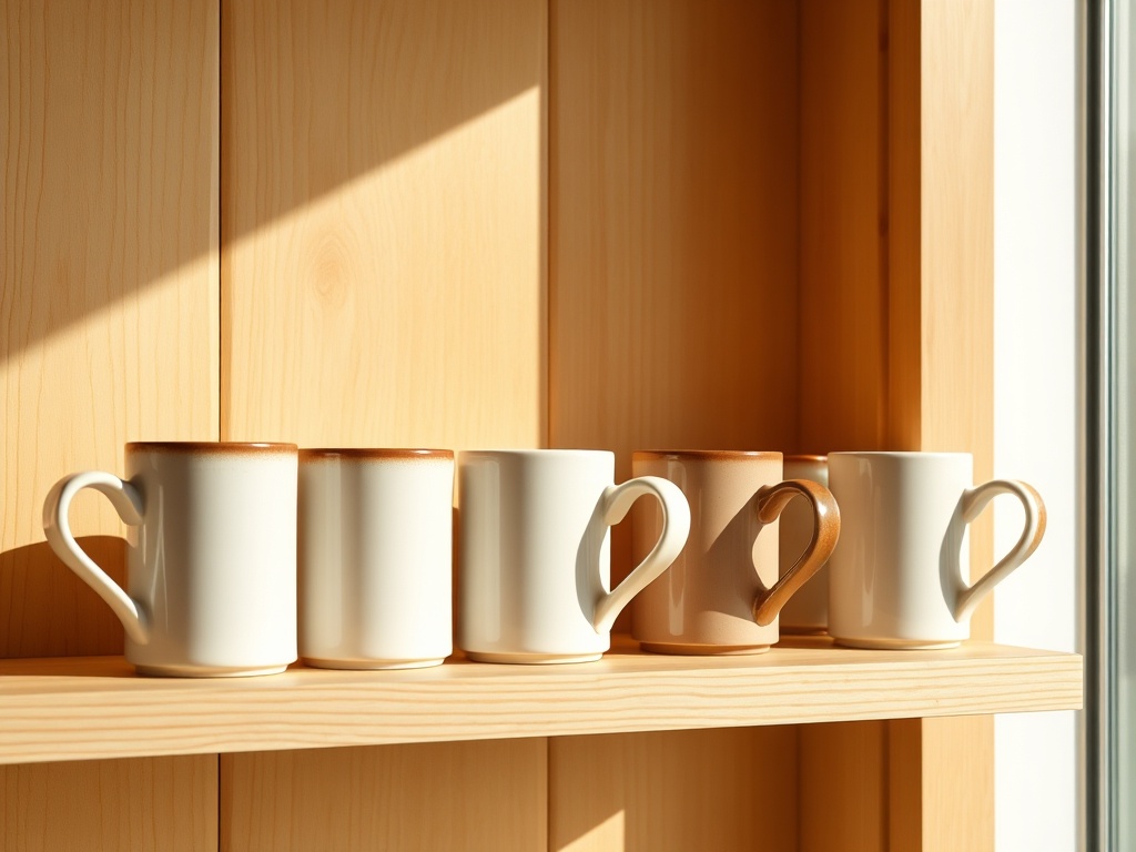 set of four ceramic mugs on wooden shelf with sunlight