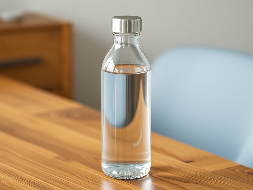 sleek clear glass water bottle with metallic cap on wooden table
